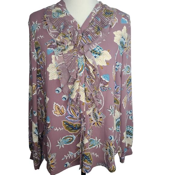 Chicos Top Blouse Mauve Paisley Floral 1 Med Purple Blue Jacobean Bouquet Ruffle - Picture 1 of 12